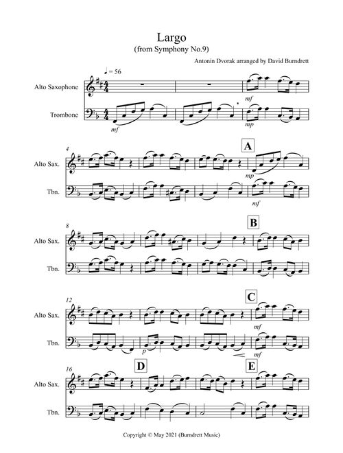 Largo (from The New Word Symphony) for Alto Saxophone and Trombone Duet (Arr. David Burndrett) - Antonin Dvorak (Instrumental Duet)