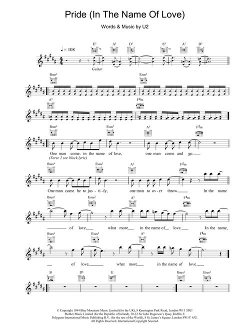 Pride (In The Name Of Love) - U2 (Lead Sheet - Fake Book)
