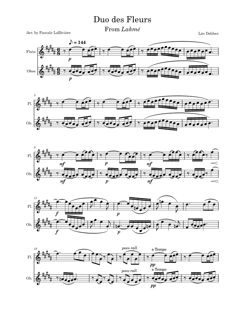 The Flower Duet Léo Delibes Duo des Fleurs flute & oboe duet Sheet music for Flute, Oboe