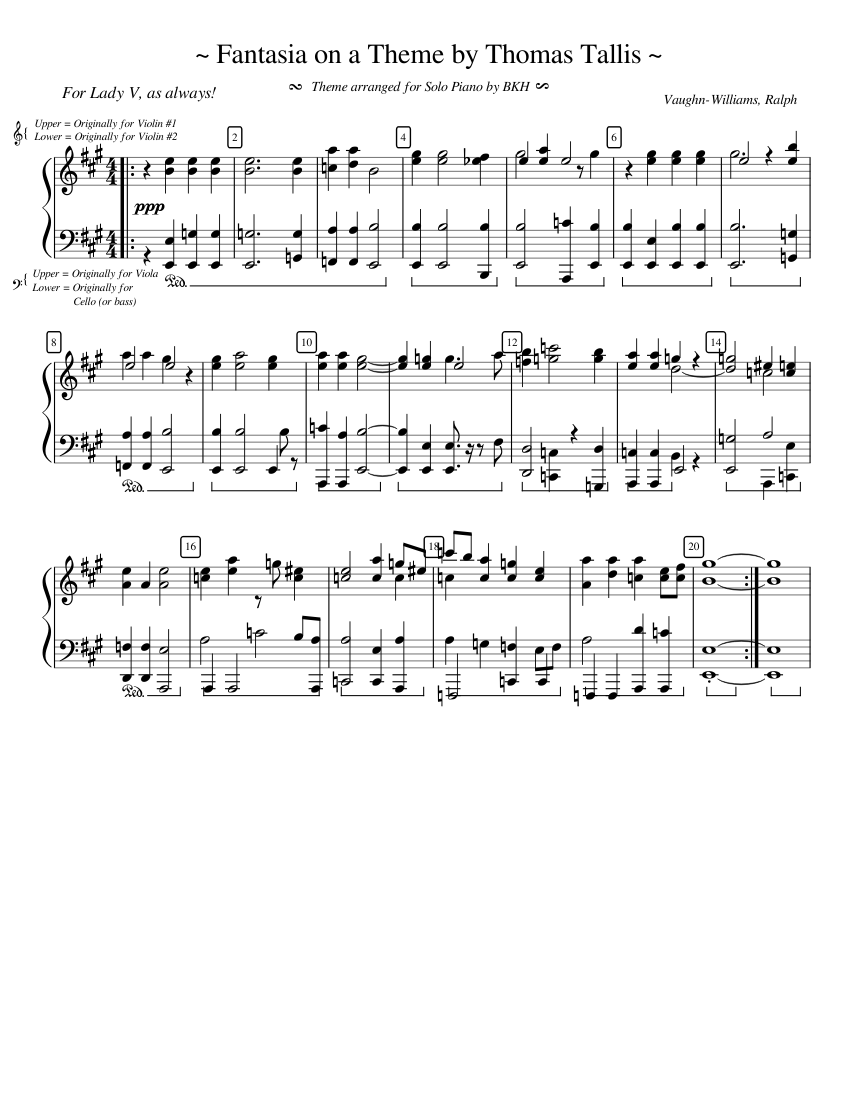 Fantasia on a Theme by Thomas Tallis for Solo Piano Sheet