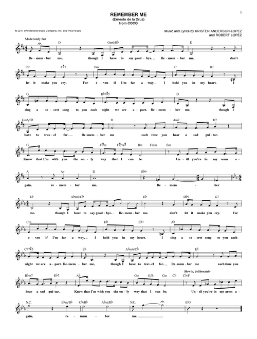 Remember Me (Ernesto de la Cruz) (from Coco) - Kristen Anderson-Lopez & Robert Lopez, Robert Lopez, Kristen Anderson-Lopez (Lead Sheet - Fake Book)