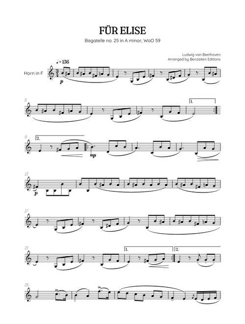 Beethoven • Für Elise / Pour Elise • french horn sheet music (Arr. Benzaiten Editions) - Ludwig Van Beethoven (French Horn Solo)