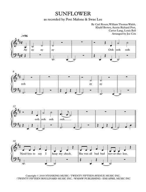 Sunflower (Arr. Joe Cox) - Post Malone & Swae Lee (Piano Vocal)