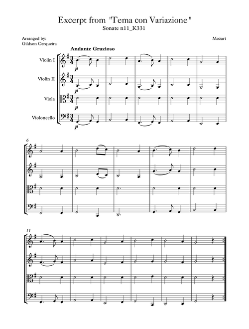 Excerpt from sonate k331 - "Tema con Variazione" (Arr. Gildson Cerqueira) - Mozart (String Quartet)