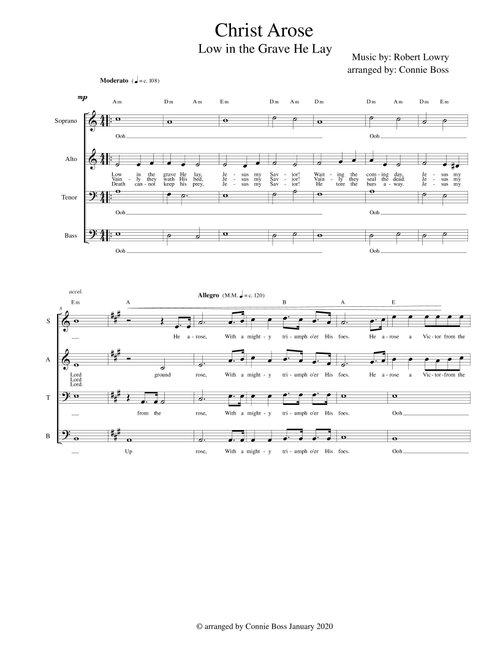 Christ Arose - Low in the Grave He Lay - A Capella - SATB (Arr. Connie Boss) - Robery Lowry (Piano-Vocal-Guitar (Piano Accompaniment))