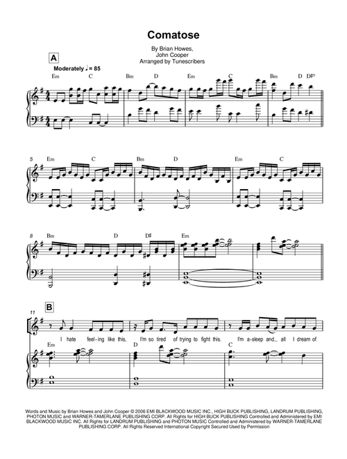 Comatose (Arr. Tunescribers) - Brian Howes, John Cooper (Piano Vocal)