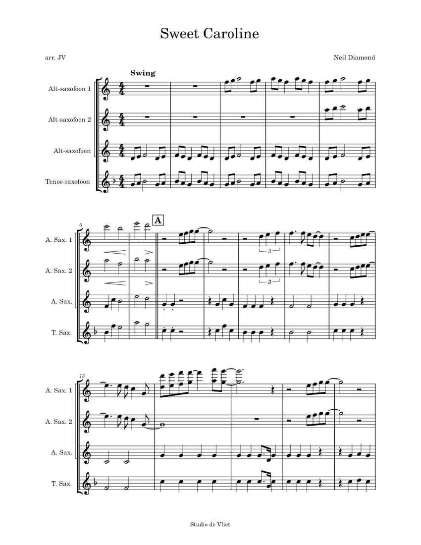 Sweet caroline Neil Diamond Sheet music for Saxophone alto, Saxophone tenor (Woodwind Quartet