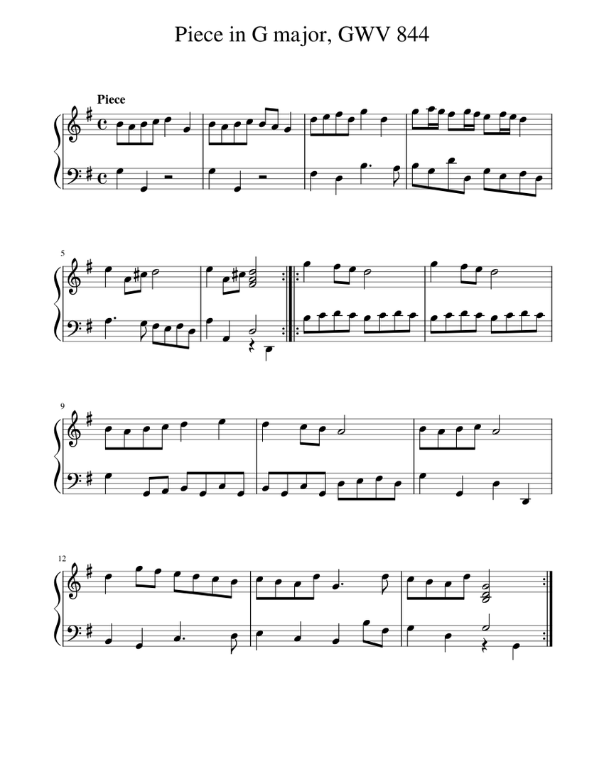 Pvg Score Piece in G major, GWV 844 Sheet music for Piano (Solo) Easy | Musescore.com