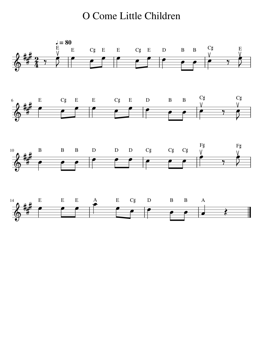 O Come Little Children note names Sheet music for Piano (Solo
