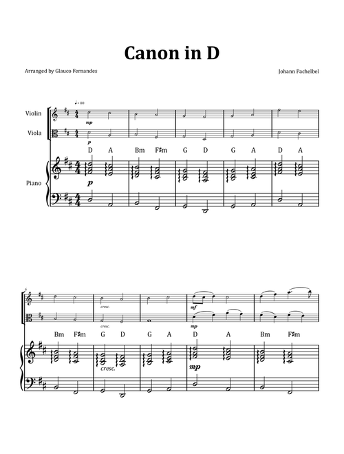 Canon by Pachelbel - Violin and Viola Duet with Piano and Chord Notation (Arr. Glauco Fernandes) - Johann Pachelbel (Instrumental Duet and Piano)