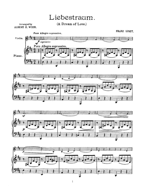 Liszt Liebestraum (A Dream of Love), for Violin & Piano, VN003 (Arr. A. E. Wier) (Instrumental Solo (with Piano Accompaniment))