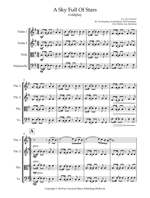 A Sky Full Of Stars (Arr. Lara Simpson) - Coldplay (String Quartet)