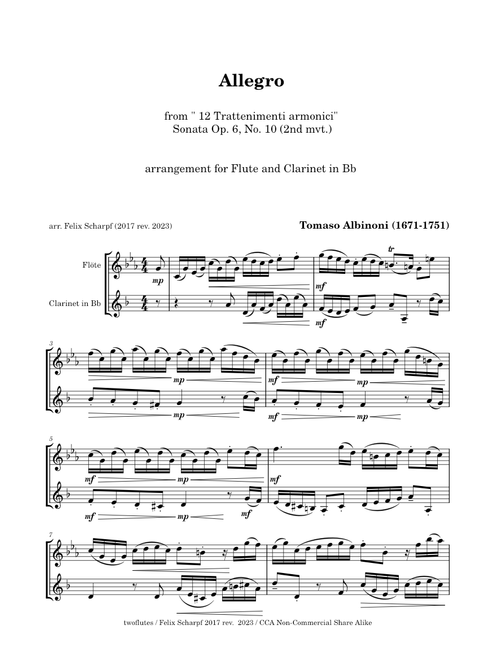 Allegro (Op. 6, No. 10, 2nd mvt.) Tomaso Albinoni - arr. for Flute and Clarinet in Bb
