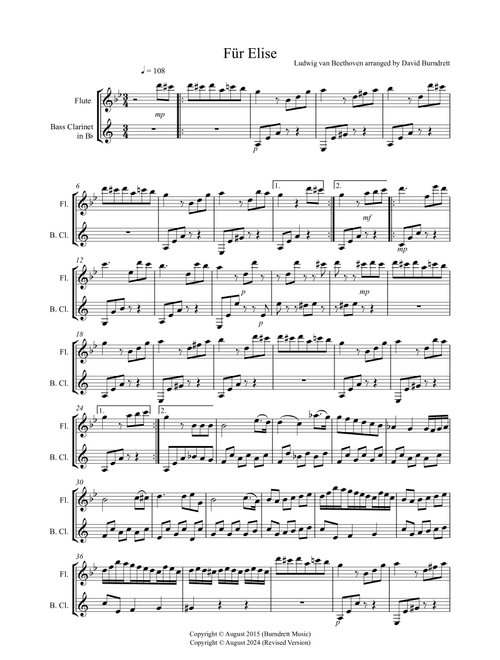 Fur Elise for Flute and Bass Clarinet Duet (Arr. David Burndrett) - Ludwig van Beethoven (Instrumental Duet)