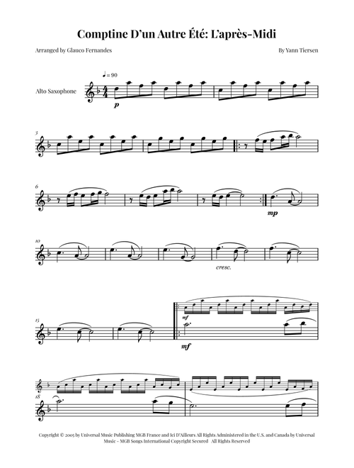 Comptine D'un Autre Été: L'après-Midi (Arr. Glauco Fernandes) - Yann Tiersen (Alto Sax Solo)