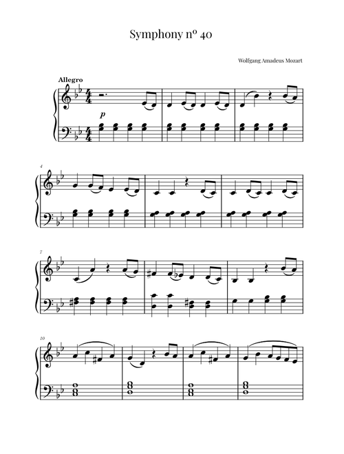 Sinfonía N° 40 – Wolfgang Amadeus Mozart - Easy Piano