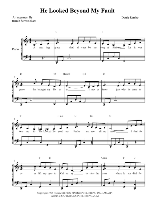 He Looked Beyond My Fault And Saw My Need (Arr. Bernie Schweickart) - Dottie Rambo (Piano-Vocal-Guitar (Piano Accompaniment))