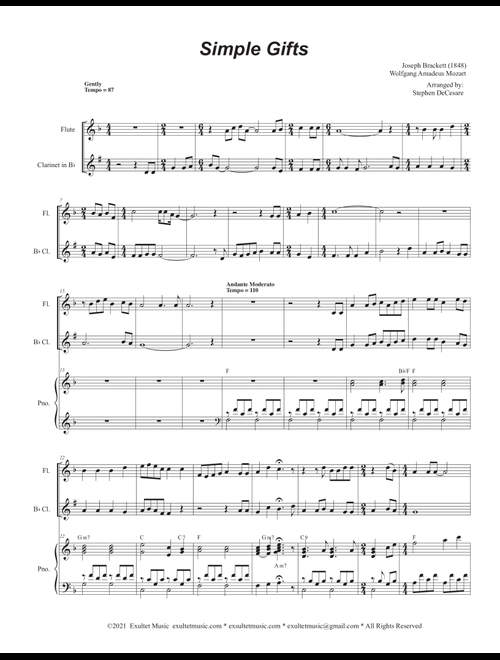 Simple Gifts (Duet for Flute and Bb-Clarinet) (Arr. Stephen DeCesare) - Joseph Brackett Wolfgang Amadeus Mozart (Instrumental Duet and Piano)