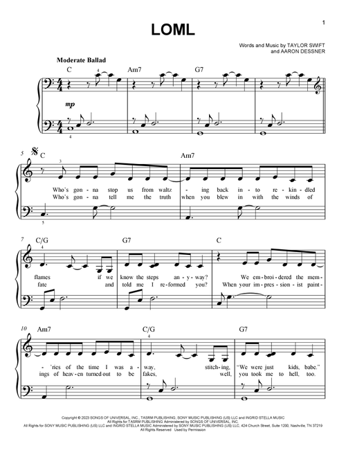 Loml - Taylor Swift (Easy Piano)