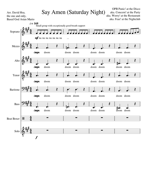 Say Amen (Saturday Night) by Panic! at the Disco (SMATBB + soloist + beat boxer acapella arrangement)