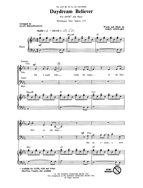 Daydream Believer (arr. Alan Billingsley) - The Monkees (Choral, SATB)