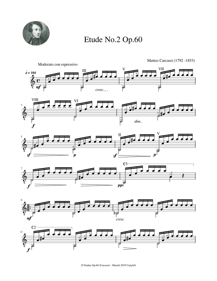 Etude No.2 Op.60 - Matteo Carcassi (1792 - 1853) Sheet Music for