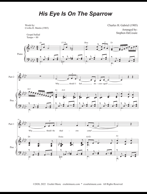 His Eye Is On The Sparrow (for 2-part choir) (Easy Choir Version) (Arr. Stephen DeCesare) (Choral, 2-Part)