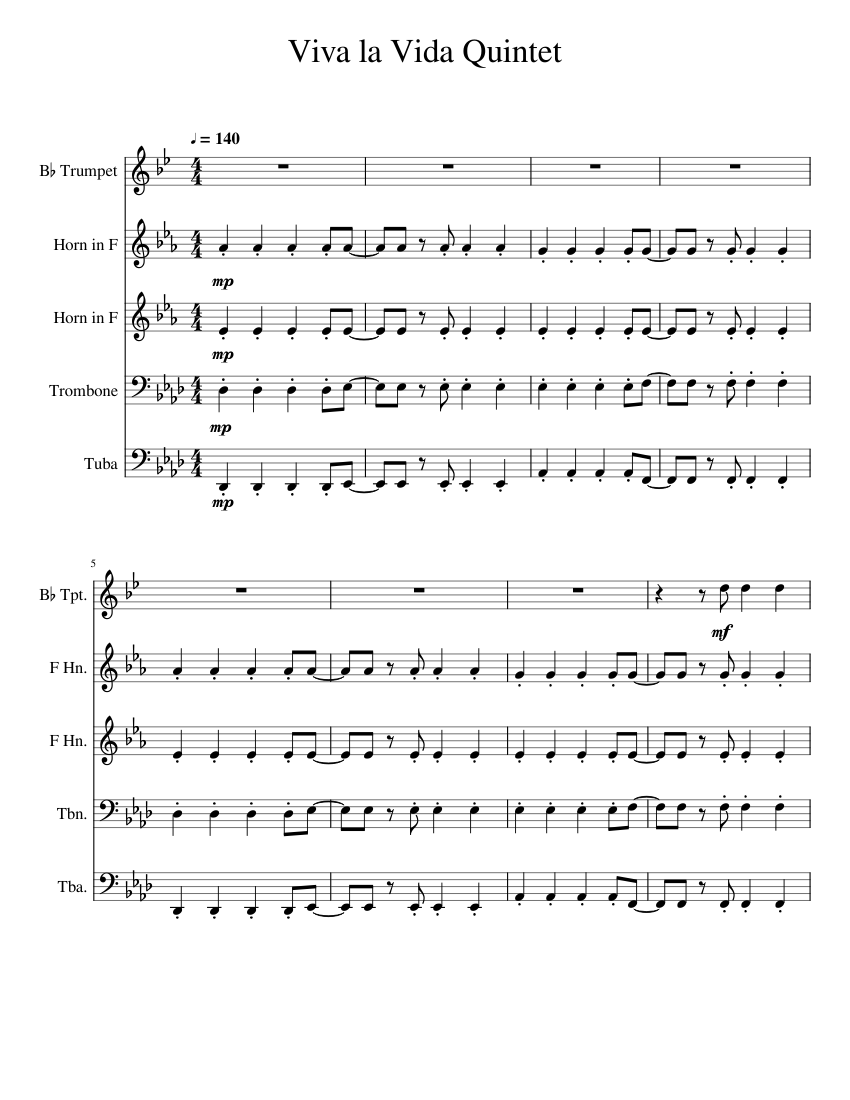 Viva La Vida Quintet Sheet Music For Trombone, Tuba, Trumpet In B-flat ...