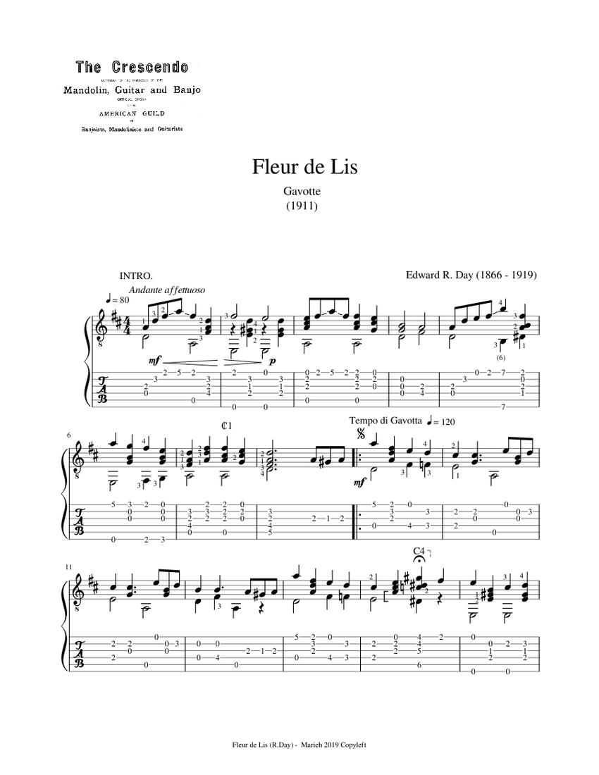 Fleur de Lis Edward R. Day (1866 1919) Tablature Sheet music for