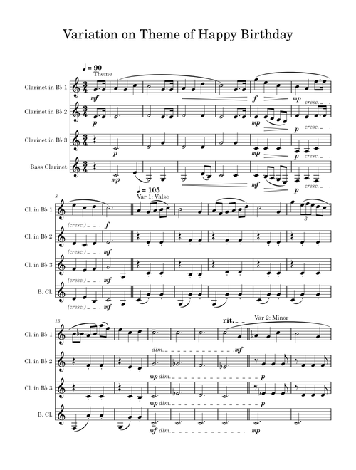 Variation on Theme of Happy Birthday (Clarinet Quartet)