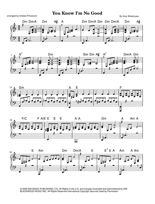 You Know I'm No Good (Arr. Andrea Pimazzoni) - Amy Winehouse Featuring Ghostface Killah (Easy Piano)