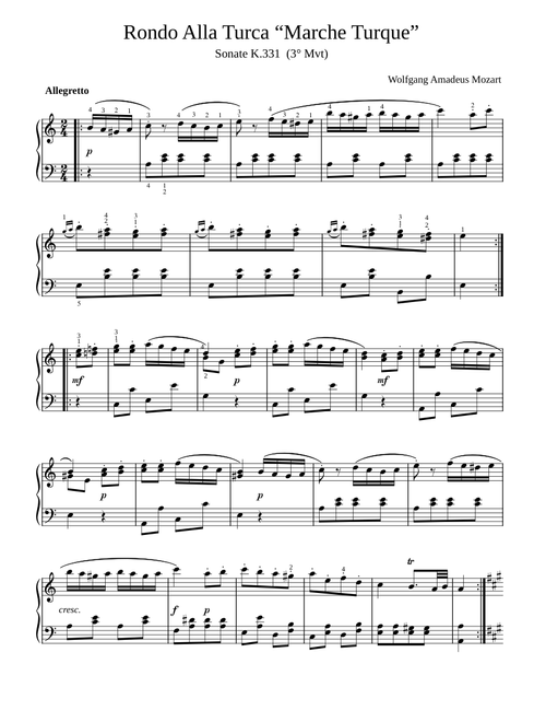 WA Mozart Marche Turque (Turkish March fingered)