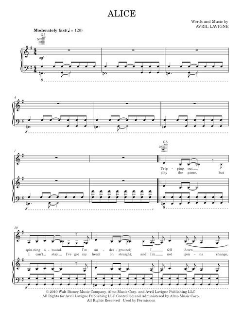 Alice - Alice In Wonderland Movie, Avril Lavigne (Piano-Vocal-Guitar)