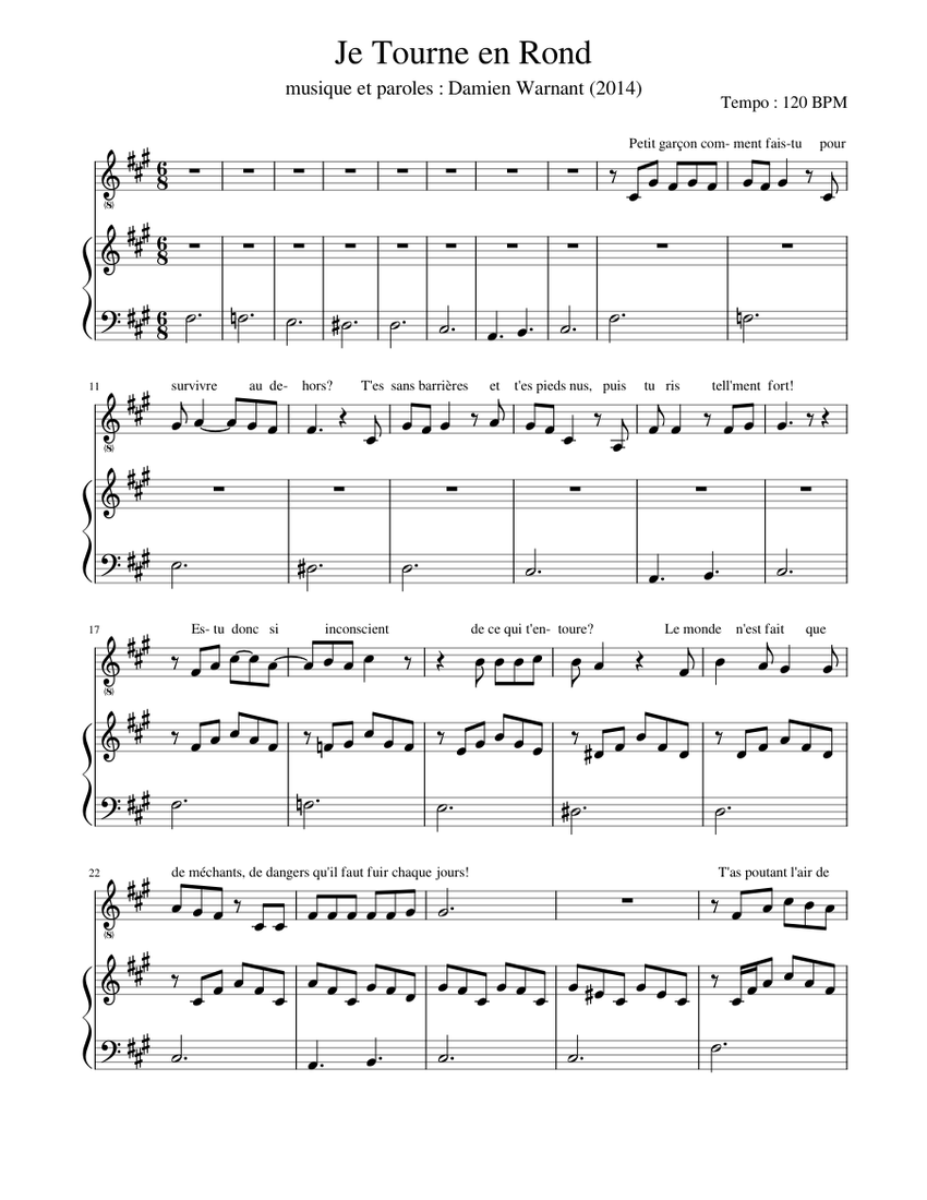 Musical Score Rond 03. Je Tourne en Rond Sheet Music for Piano, Vocals (Piano-Voice ...