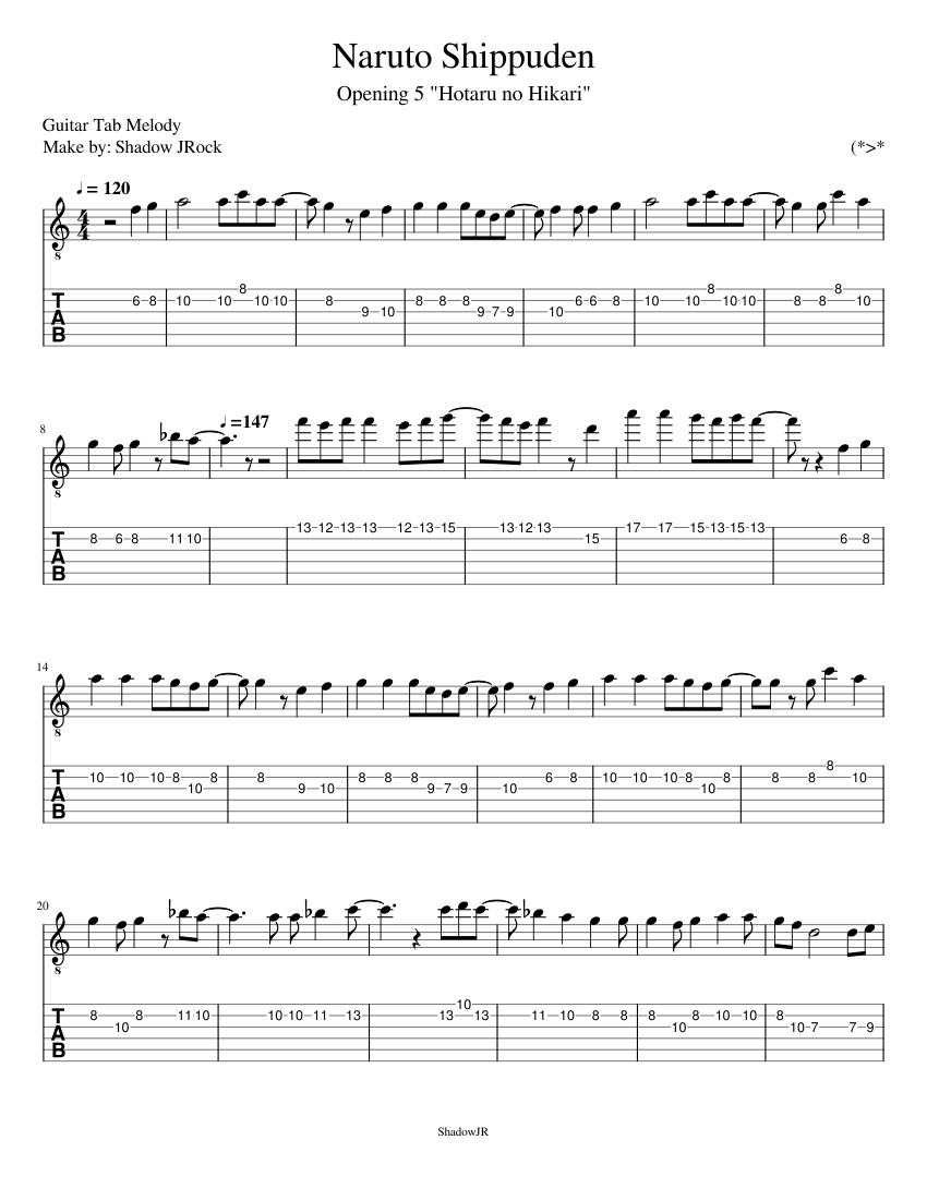 Naruto Shippuden Opening 5 Sheet Music and Tab for Guitar