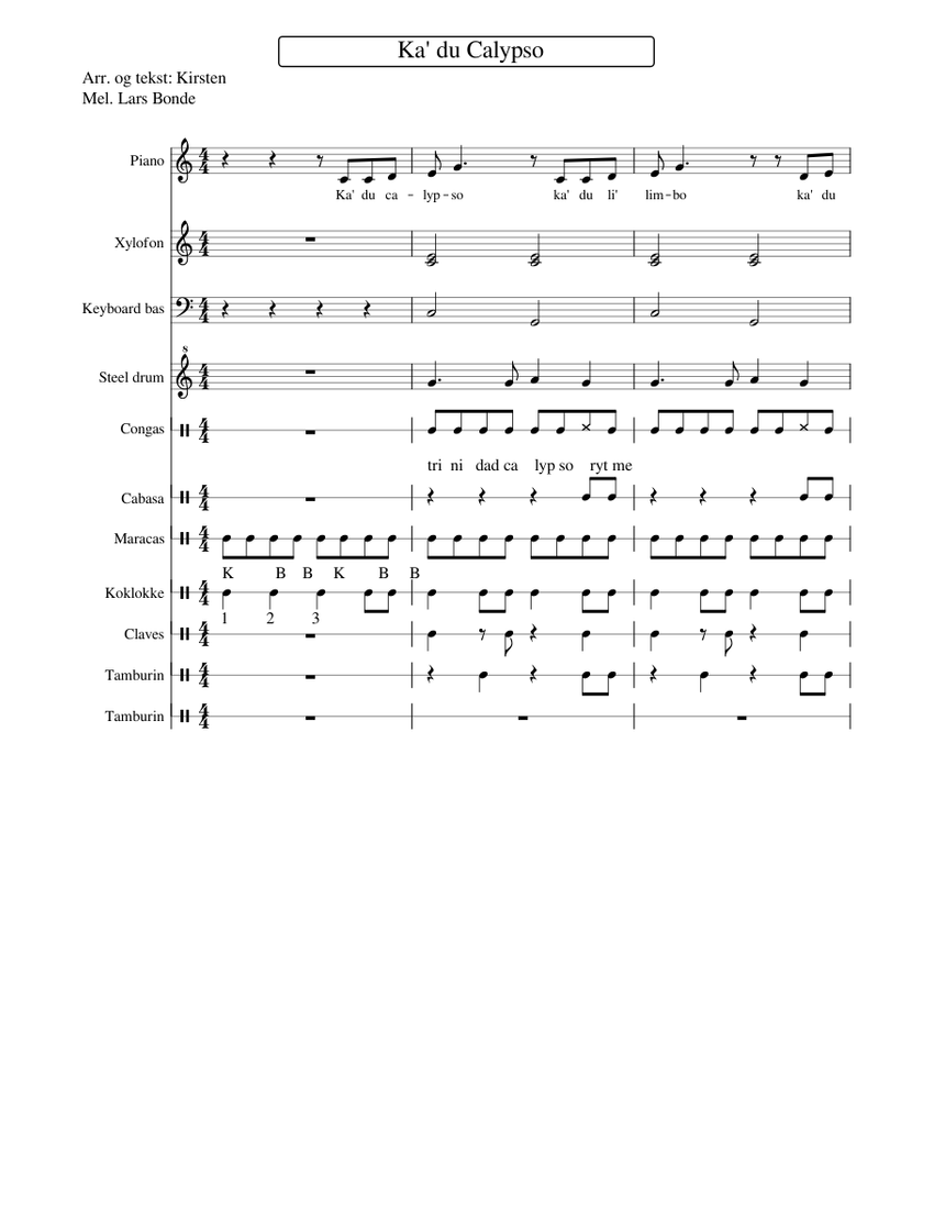 Kalypso Instrument Ka-du-Calypso Sheet Music for Piano, Tambourine, Flute piccolo ...