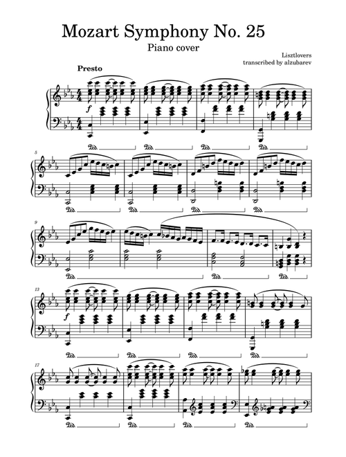 Mozart Symphony n.25 Piano (Arr. Lisztlovers) (Piano Solo)