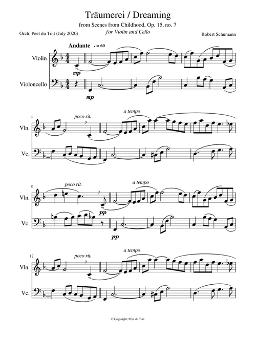 Träumerei Dreaming from Scenes from Childhood, Op. 15, no. 7 - R Schumann Violin & Cello