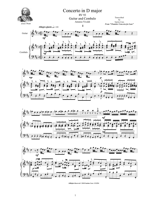 Vivaldi - Lute Concerto in D major RV 93 for Guitar and Cembalo or Piano (Arr. Santino Cara) - Vivaldi Antonio (Instrumental Duet)