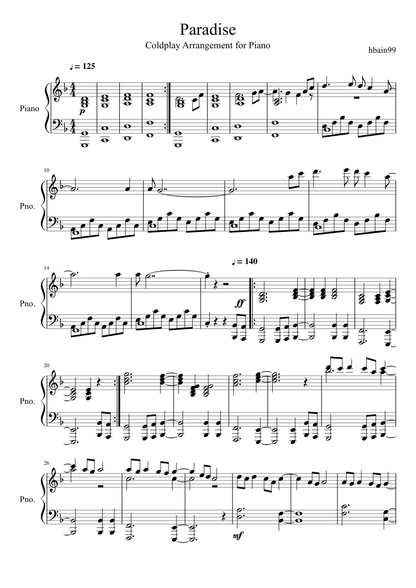 Dar permiso Perpetuo tornado Paradise' Coldplay Piano Arrangement Sheet music for Piano (Solo) |  Musescore.com