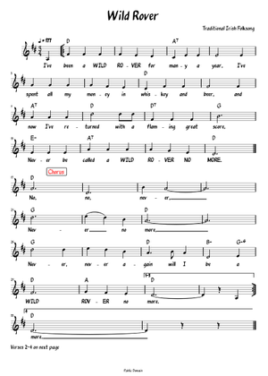 The Wild Rover Sheet Music with Chords for Piano (Piano-Voice-Guitar ...