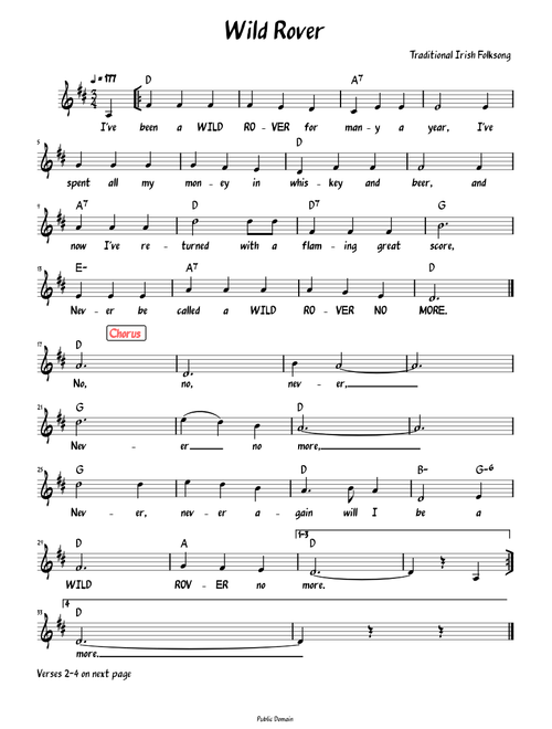 The Wild Rover (Lead sheet with lyrics )