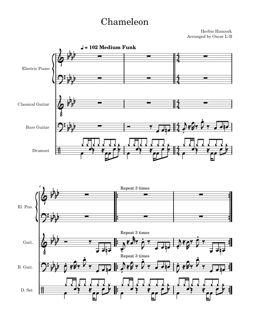 Chameleon Herbie Hancock Sheet music for Piano Guitar Bass guitar Drum group Jazz Band Musescore