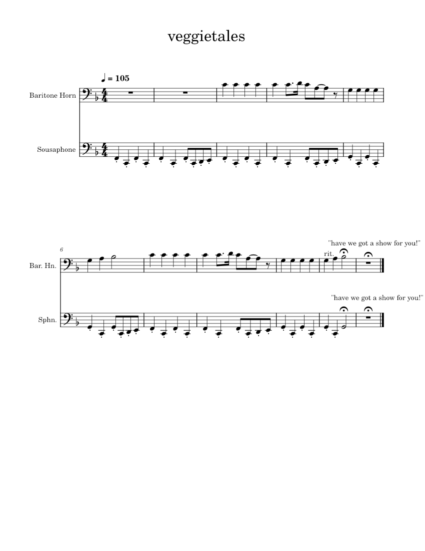 beginning of veggietales theme for baritone/tuba Sheet Music for ...