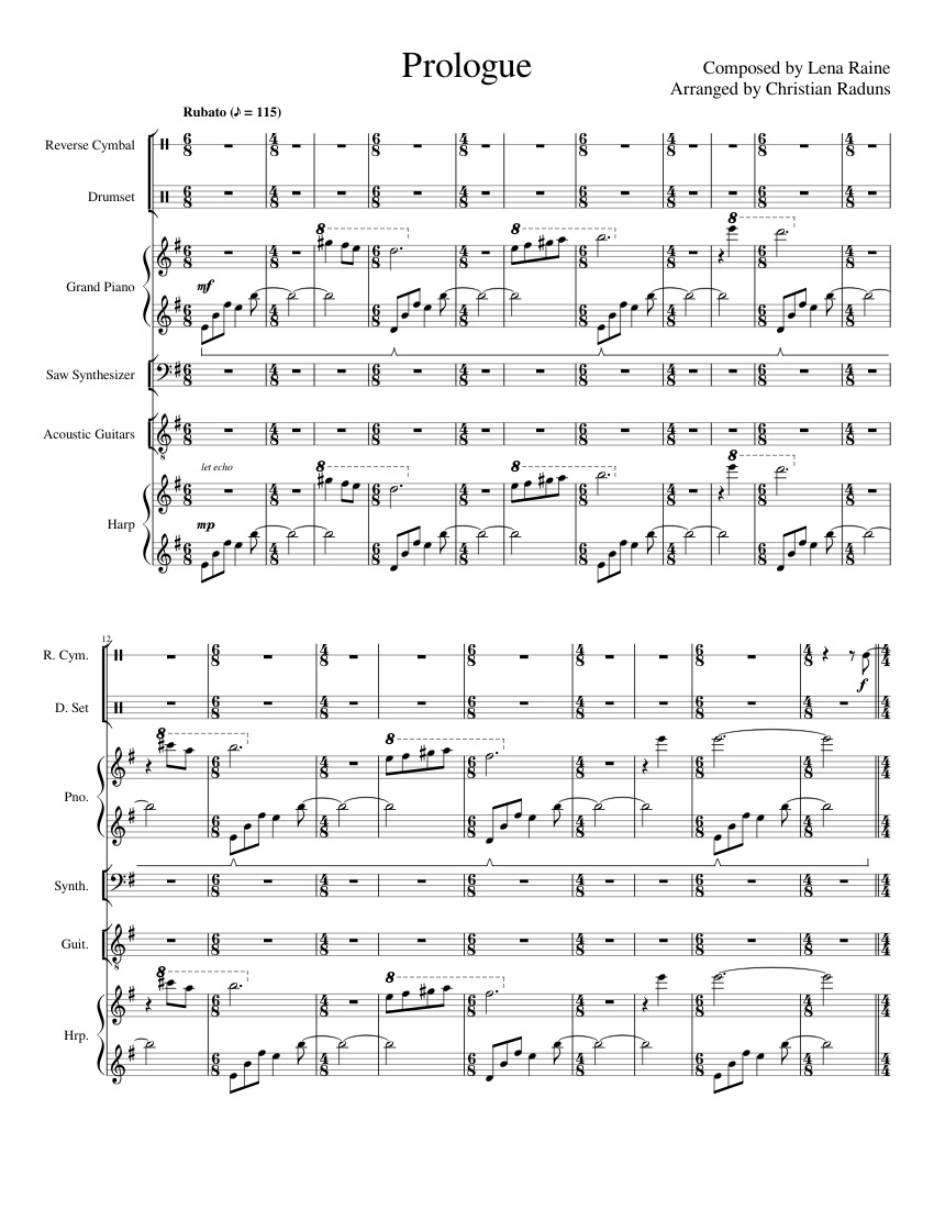 Prologue (Celeste) Sheet Music for Piano, Guitar, Drum group, Harp