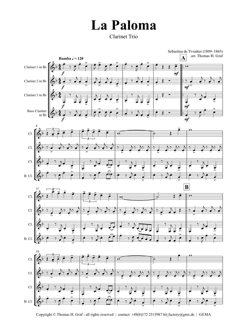 La Paloma - Spanish Habanera - Clarinet Trio (Arr. Thomas H. Graf) - Sebastina de Yvradier (1809–1865) (Woodwind Ensemble)