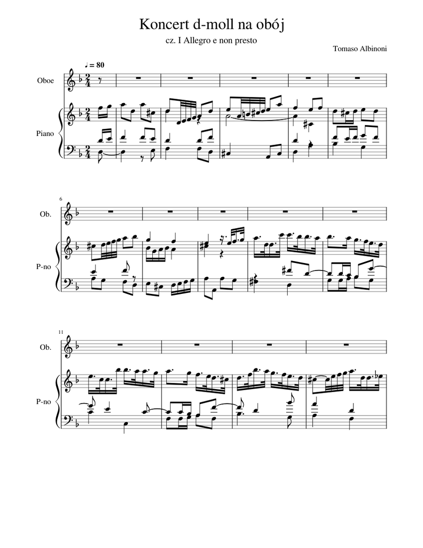 T. Albinoni Oboe Concerto in d minor part. 1 Sheet music for Piano