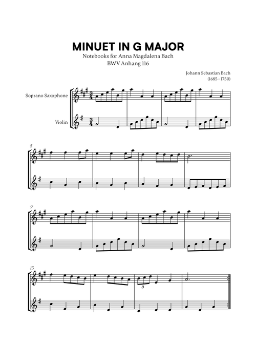 Johann Sebastian Bach - Minuet in G Major (BWV Anh. 116) (for Soprano Saxophone and Violin) (Arr. Cadenza Editions) (Instrumental Duet)