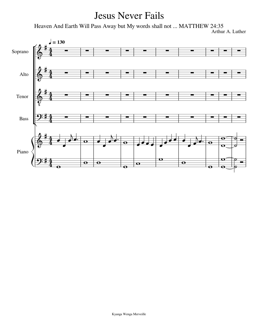 Jesus Never Fails Sheet Music For Piano Soprano Alto Tenor More