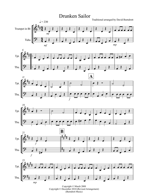 Drunken Sailor for Trumpet and Tuba Duet (Arr. David Burndrett) - Traditional (Instrumental Duet)